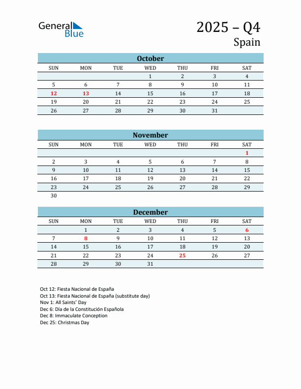 Three-Month Planner for Q4 2025 with Holidays - Spain