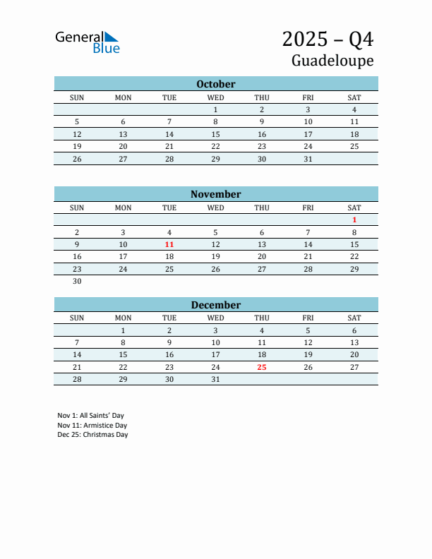 Three-Month Planner for Q4 2025 with Holidays - Guadeloupe