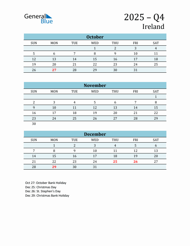 Three-Month Planner for Q4 2025 with Holidays - Ireland