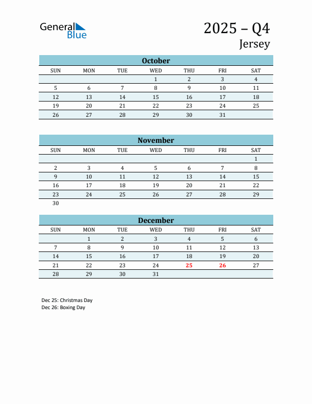 Three-Month Planner for Q4 2025 with Holidays - Jersey