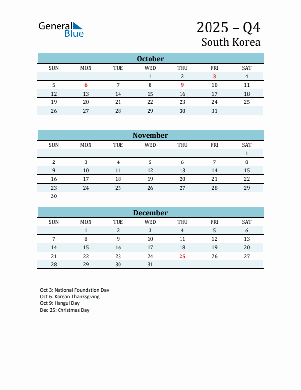 Three-Month Planner for Q4 2025 with Holidays - South Korea