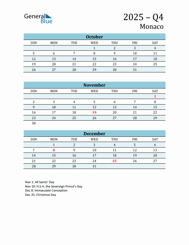Three-Month Planner for Q4 2025 with Holidays - Monaco