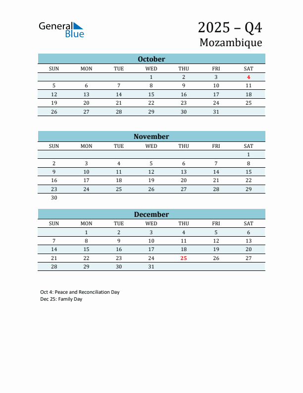 Three-Month Planner for Q4 2025 with Holidays - Mozambique