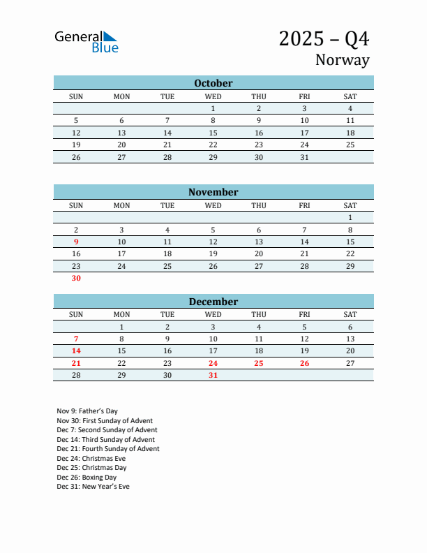 Three-Month Planner for Q4 2025 with Holidays - Norway