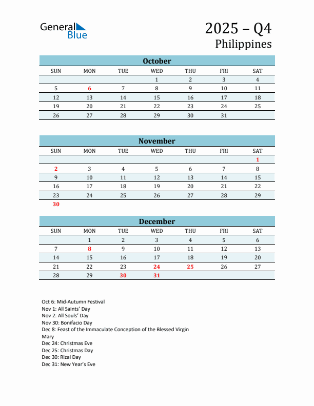 Three-Month Planner for Q4 2025 with Holidays - Philippines