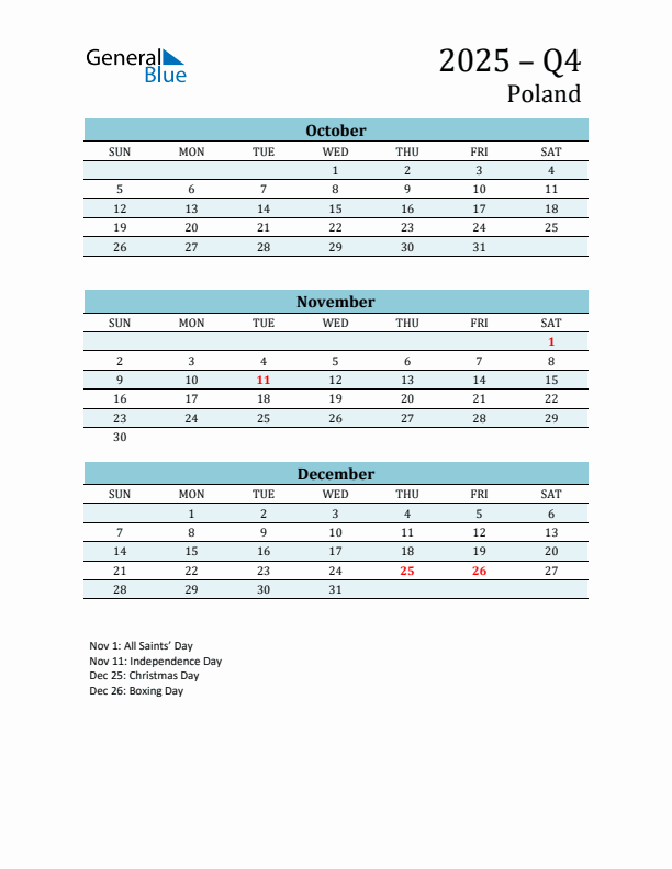 Three-Month Planner for Q4 2025 with Holidays - Poland