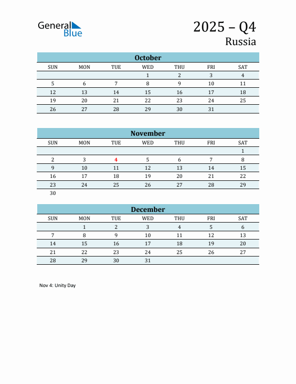 Three-Month Planner for Q4 2025 with Holidays - Russia