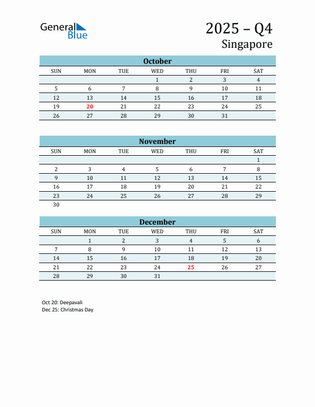 Three-Month Planner for Q4 2025 with Holidays - Singapore