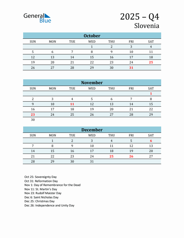 Three-Month Planner for Q4 2025 with Holidays - Slovenia