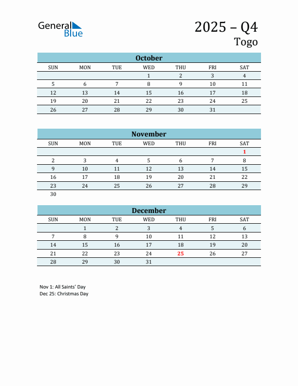 Three-Month Planner for Q4 2025 with Holidays - Togo