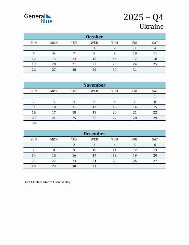 Three-Month Planner for Q4 2025 with Holidays - Ukraine