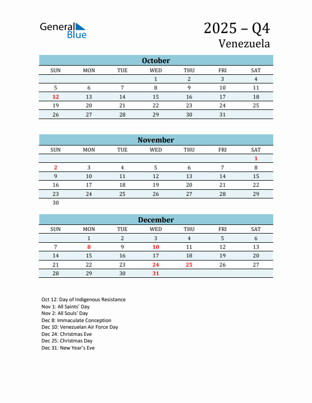 Three-Month Planner for Q4 2025 with Holidays - Venezuela