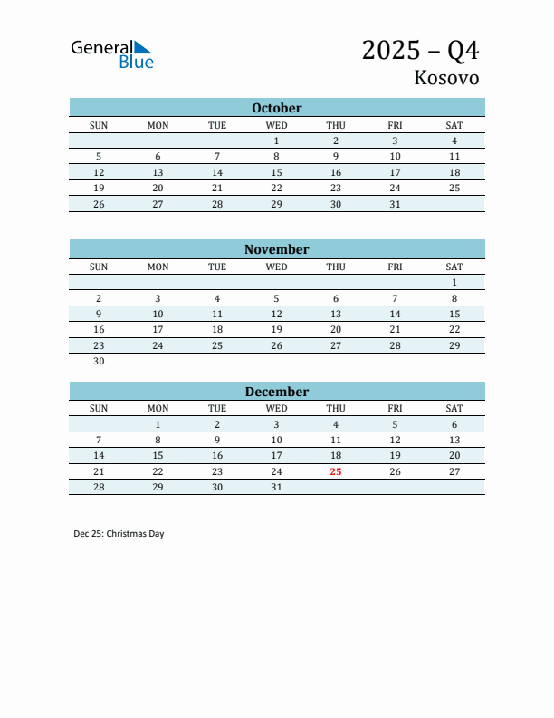 Three-Month Planner for Q4 2025 with Holidays - Kosovo