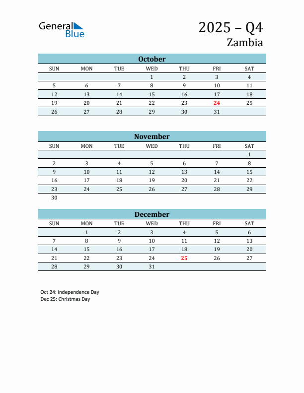 Three-Month Planner for Q4 2025 with Holidays - Zambia