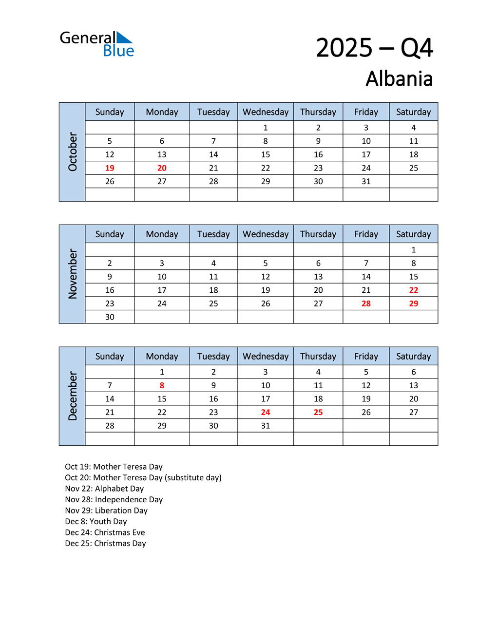  Free Q4 2025 Calendar for Albania