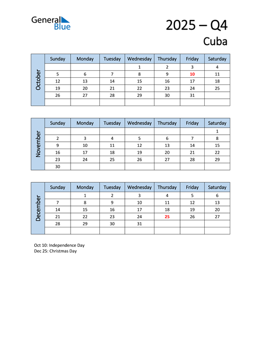  Free Q4 2025 Calendar for Cuba