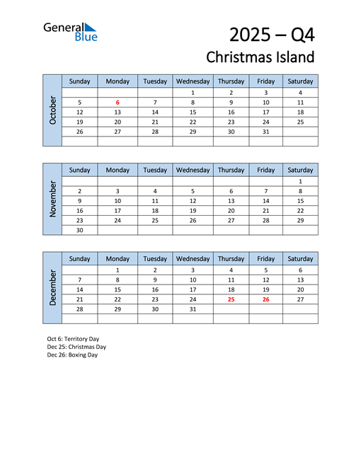  Free Q4 2025 Calendar for Christmas Island
