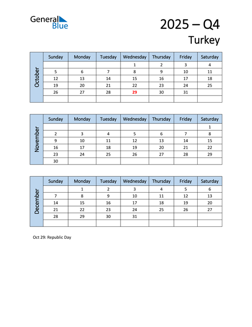  Free Q4 2025 Calendar for Turkey
