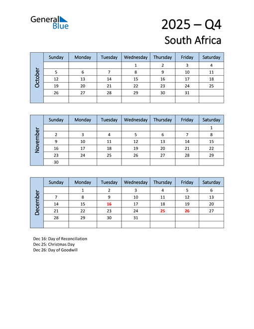  Free Q4 2025 Calendar for South Africa