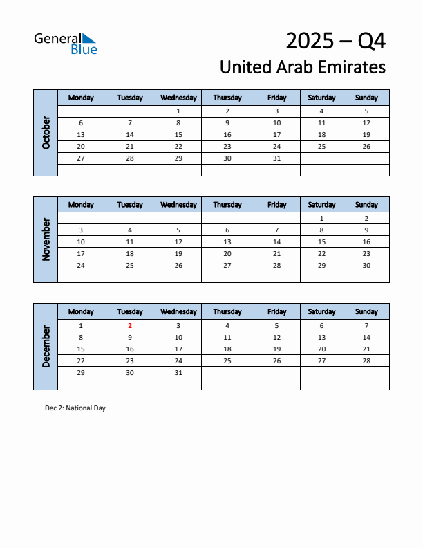 Free Q4 2025 Calendar for United Arab Emirates - Monday Start