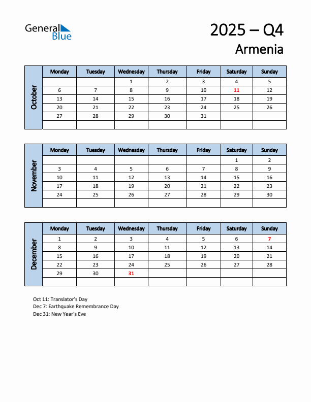 Free Q4 2025 Calendar for Armenia - Monday Start