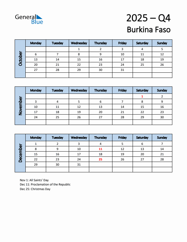Free Q4 2025 Calendar for Burkina Faso - Monday Start