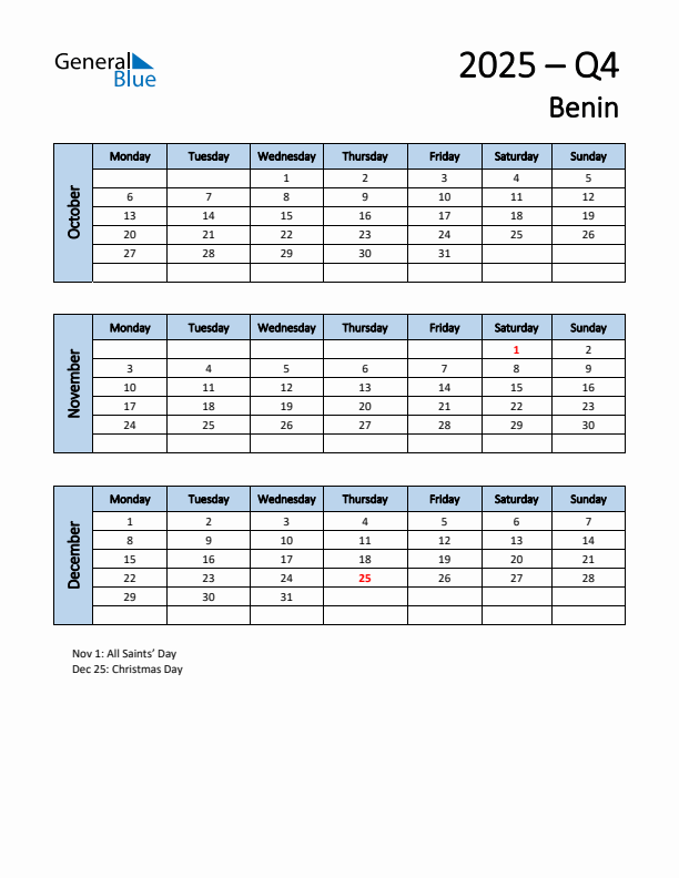 Free Q4 2025 Calendar for Benin - Monday Start