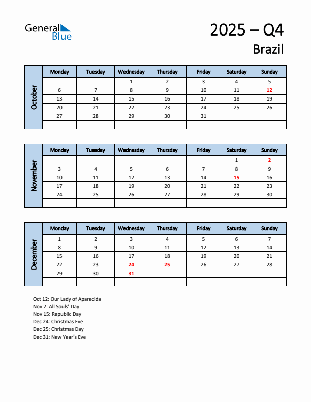 Free Q4 2025 Calendar for Brazil - Monday Start