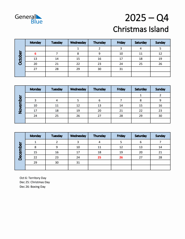 Free Q4 2025 Calendar for Christmas Island - Monday Start