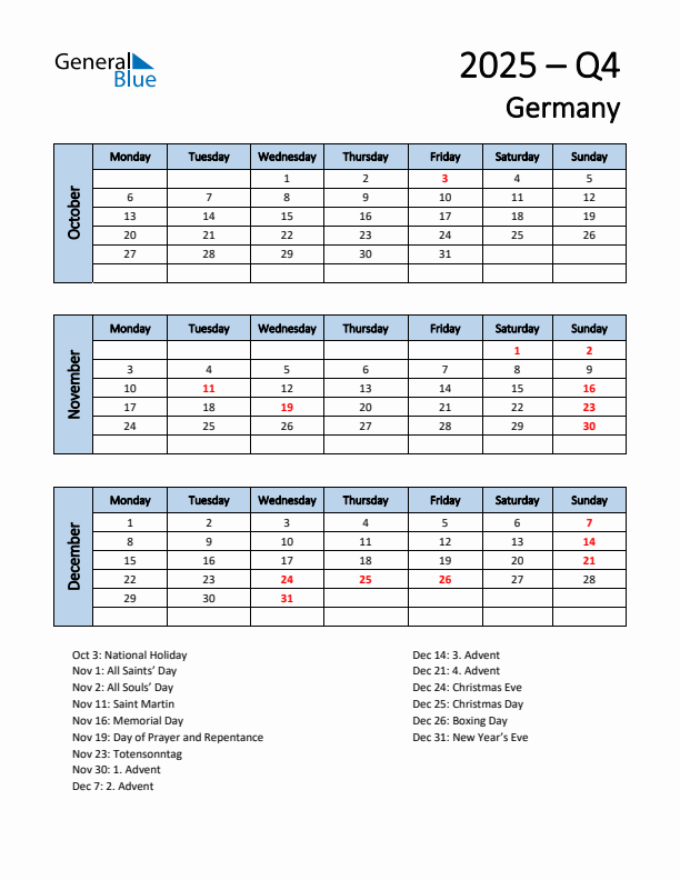 Free Q4 2025 Calendar for Germany - Monday Start