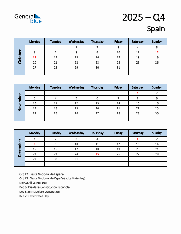 Free Q4 2025 Calendar for Spain - Monday Start