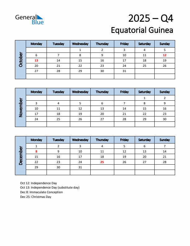 Free Q4 2025 Calendar for Equatorial Guinea - Monday Start