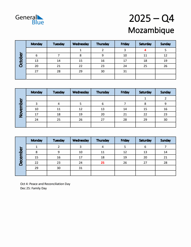 Free Q4 2025 Calendar for Mozambique - Monday Start
