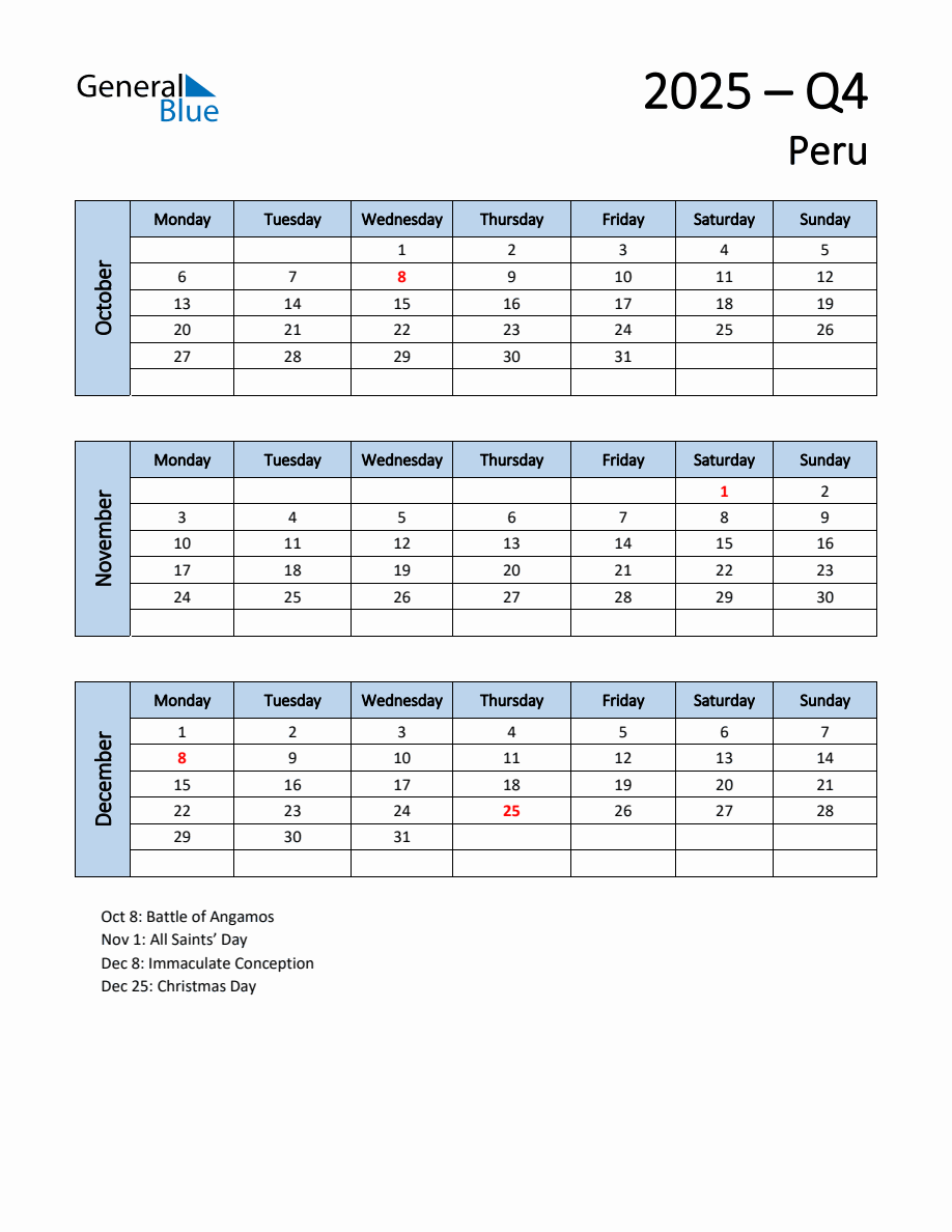 Free Q4 2025 Calendar for Peru Monday Start