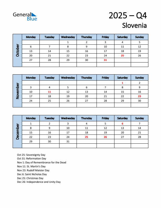Free Q4 2025 Calendar for Slovenia - Monday Start