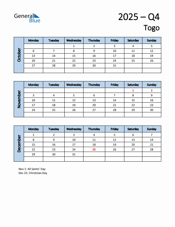 Free Q4 2025 Calendar for Togo - Monday Start