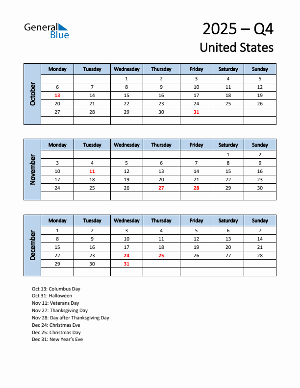 Free Q4 2025 Calendar for United States - Monday Start