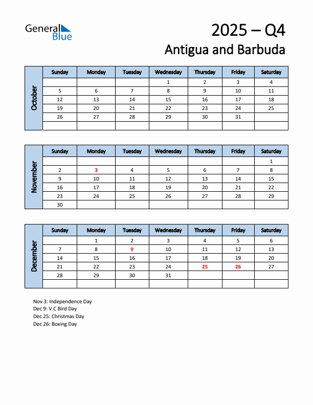 Free Q4 2025 Calendar for Antigua and Barbuda - Sunday Start