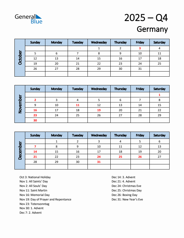 Free Q4 2025 Calendar for Germany - Sunday Start