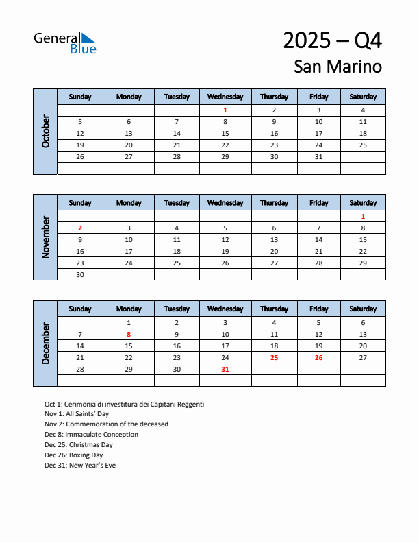 Free Q4 2025 Calendar for San Marino - Sunday Start