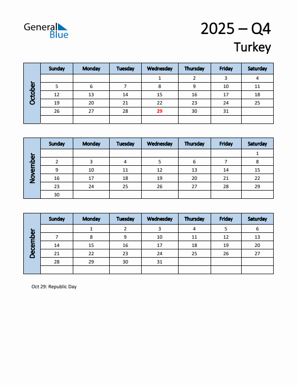 Free Q4 2025 Calendar for Turkey - Sunday Start