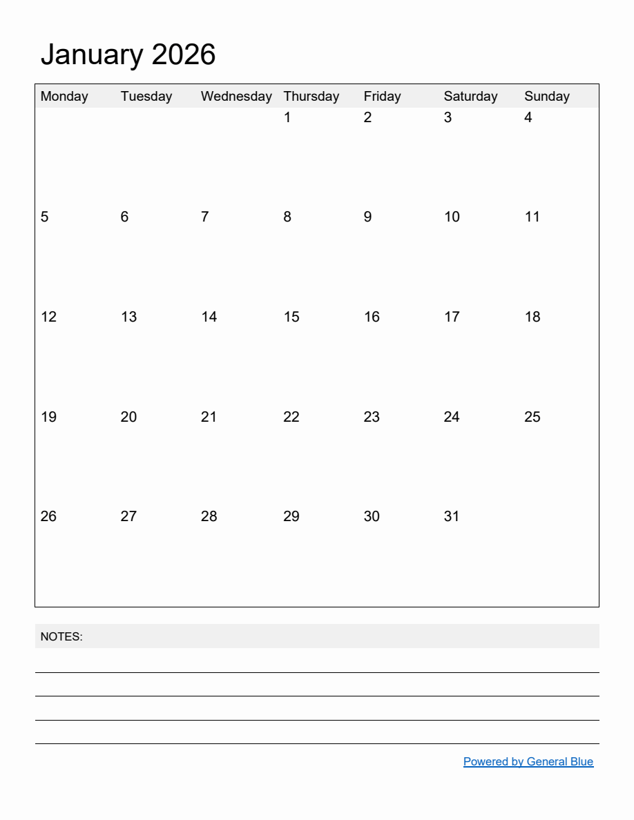 Free Printable Monthly Calendar for January 2026