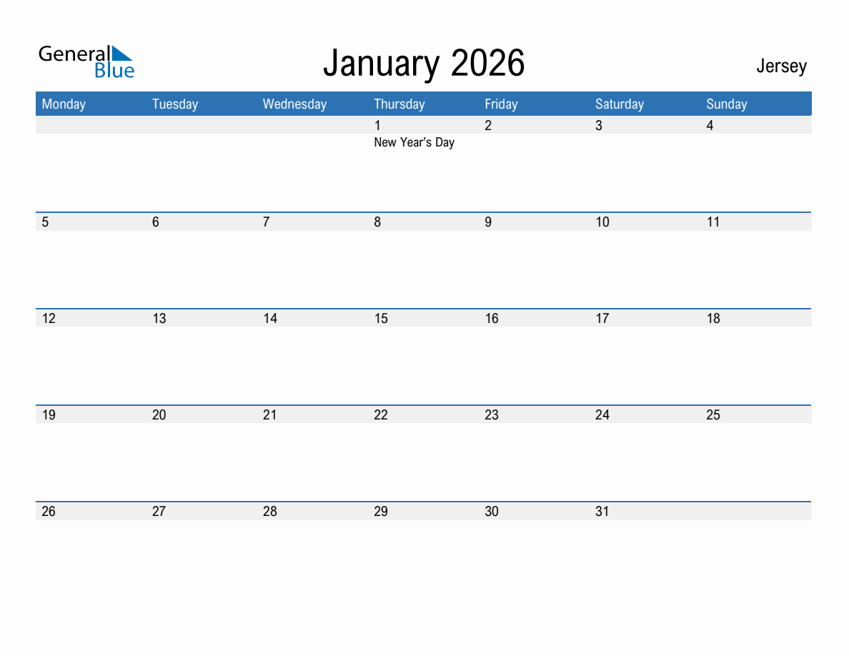 Editable January 2026 Calendar with Jersey Holidays