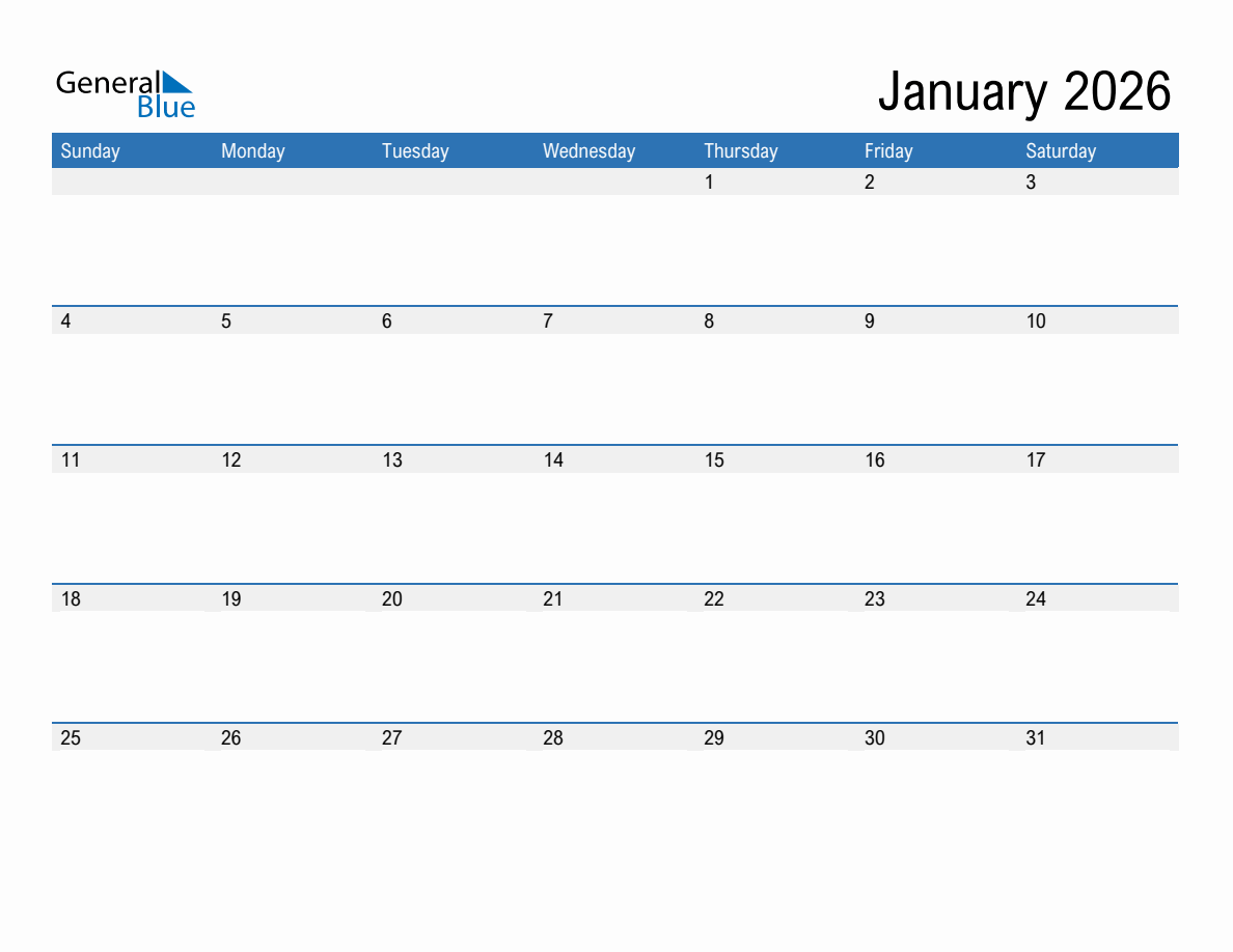 January 2026 Monthly Calendar (PDF, Word, Excel)