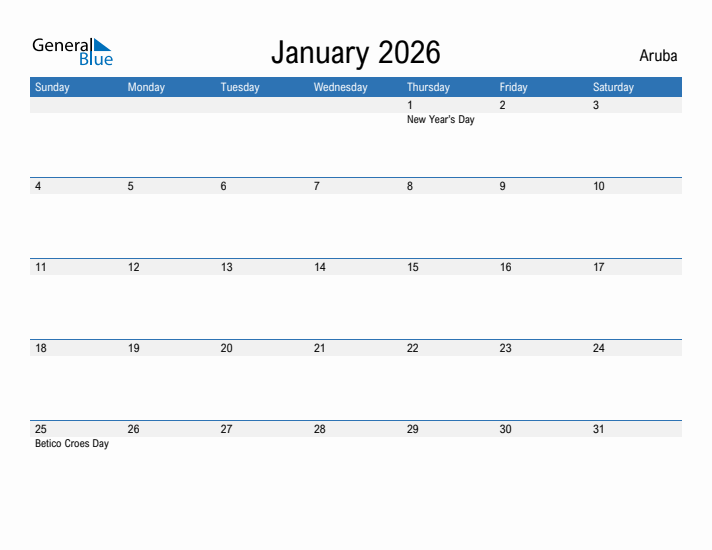 Editable January 2026 Calendar with Aruba Holidays