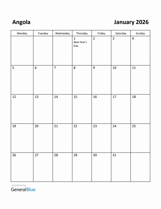 January 2026 Calendar with Angola Holidays