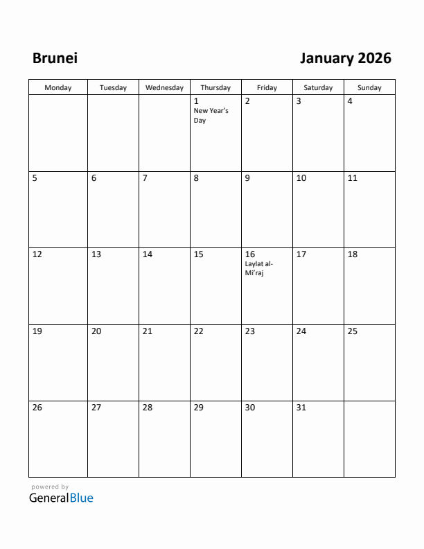 January 2026 Calendar with Brunei Holidays