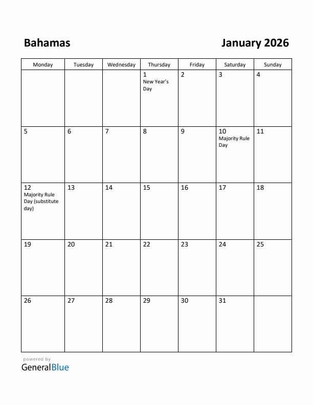 January 2026 Calendar with Bahamas Holidays