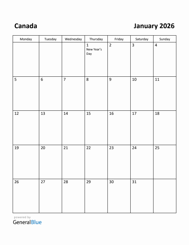 January 2026 Calendar with Canada Holidays
