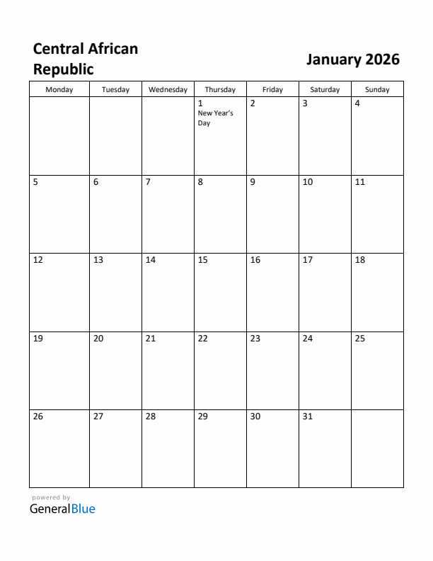 January 2026 Calendar with Central African Republic Holidays